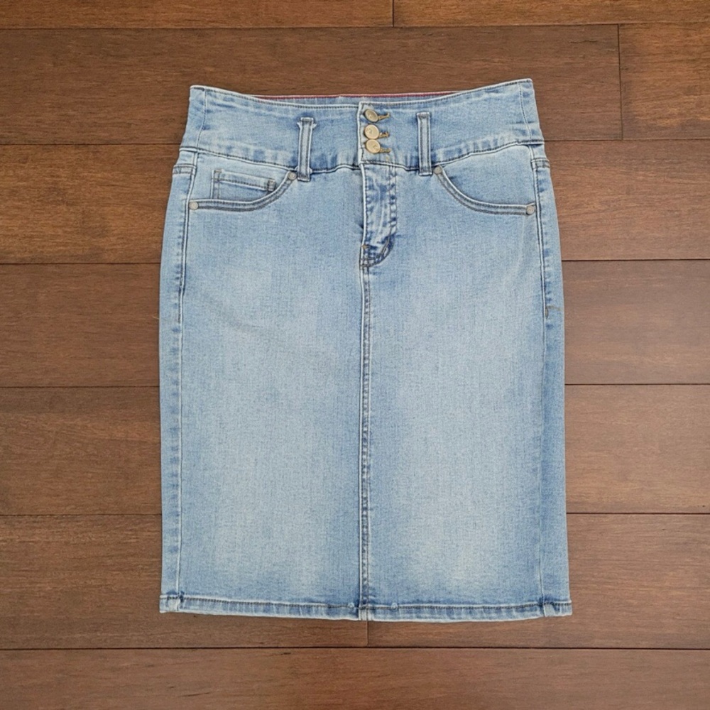One 5 One Stretch Denim Knee-Length Y2K Pencil Skirt Women's Size S Light Wash
